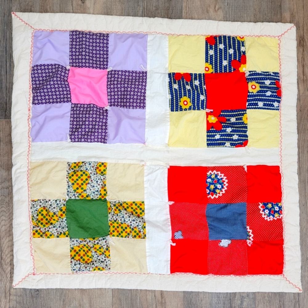 Vintage Quilt Small 9 Patch Hand Pieced Cotton Colorful Floral 28.5 x 29